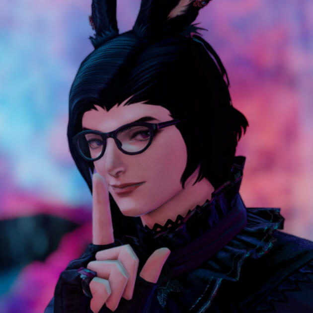 A male veena Viera with pale skin, short black hair, pink/purple hair and clubmaster style glasses. He is in moody pink and blue lighting, doing the Shush emote with a smirk.